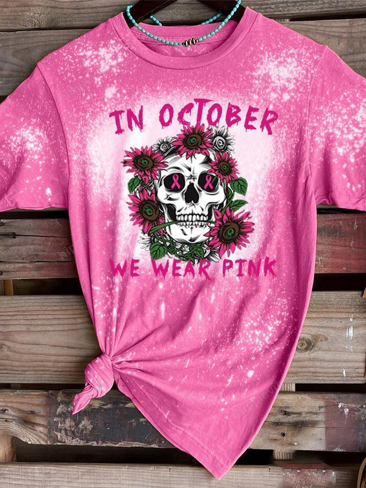 In October We Wear Pink Skull Flower Print Short Sleeve T-shirt