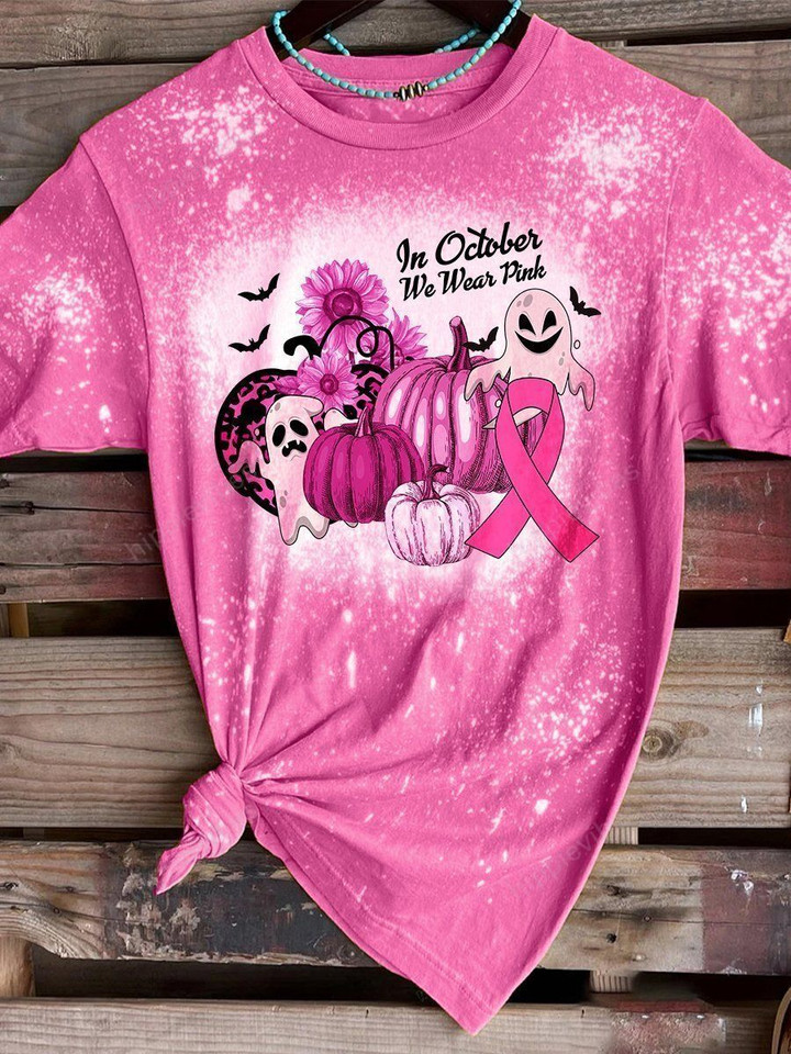 In October We Wear Pink Boo Pumpkin Print Short Sleeve T-shirt