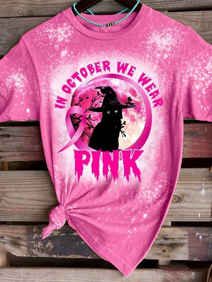 In October We Wear Pink Black Cat Print Short Sleeve T-shirt
