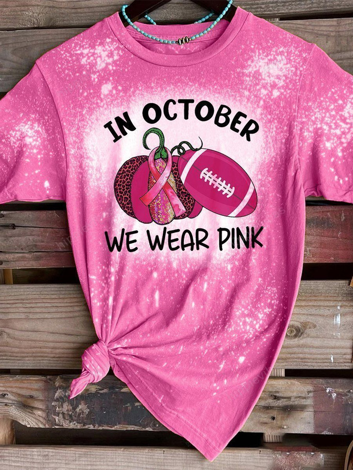 In October We Wear Pink Football Print Short Sleeve T-shirt