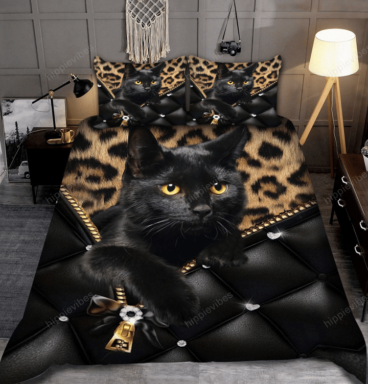 Black Cat Leopard Pattern All Over Printed Bedding Set