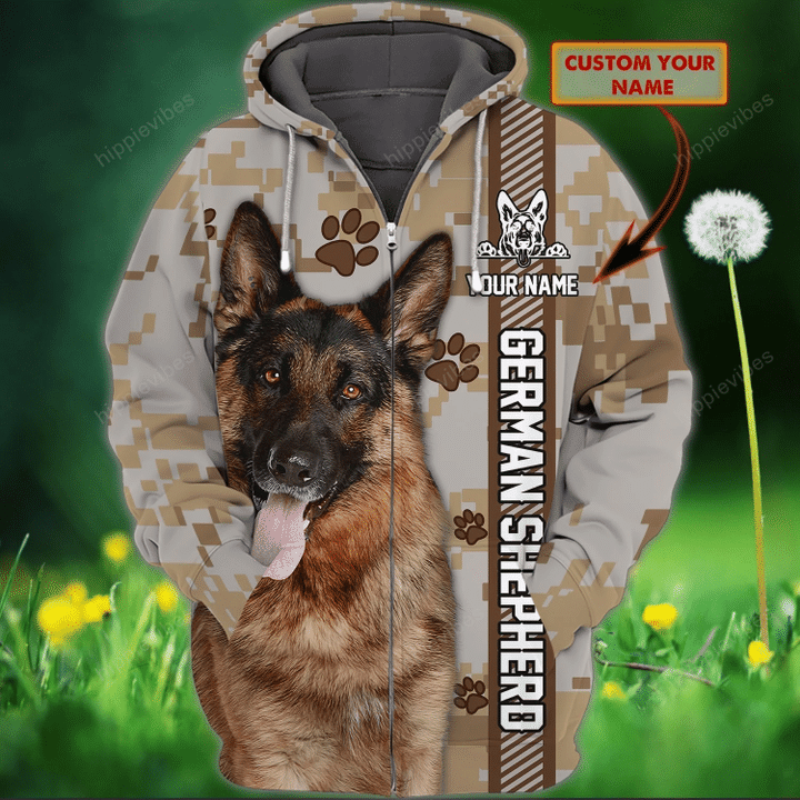 German Shepherd v3 Personalized Name 3D Zipper Hoodie