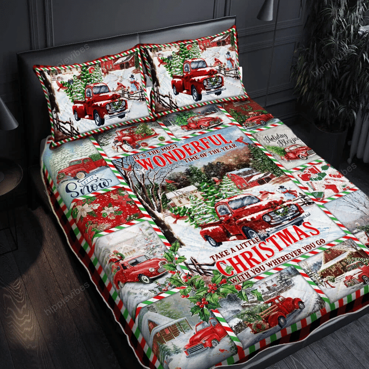 Christmas Red Truck, All Hearts Come Home For Christmas Quilt Bed Set