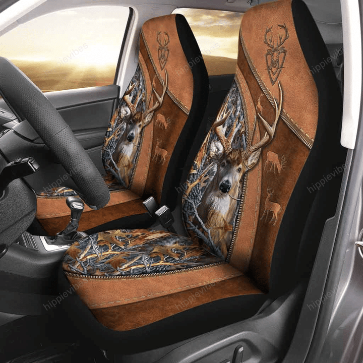 Deer Hunting With Leather Pattern Print Car Seat Covers