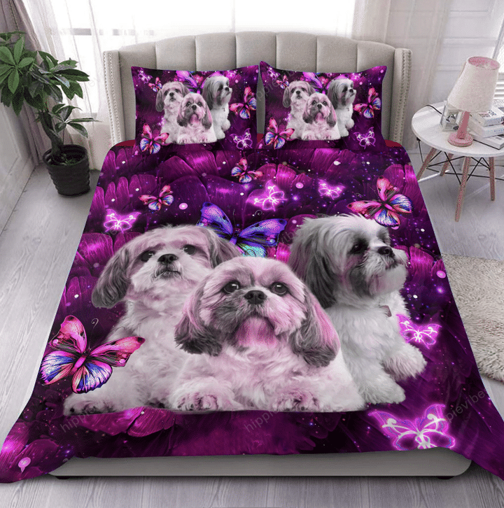Shih Tzu And Flowers Over Printed Bedding Set