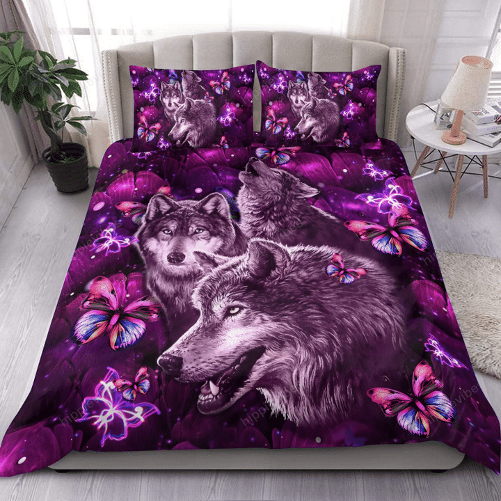 Wolf And Flower Over Printed Bedding Set