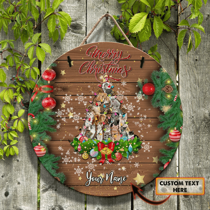 Christmas Cat Customized Round Wood Sign