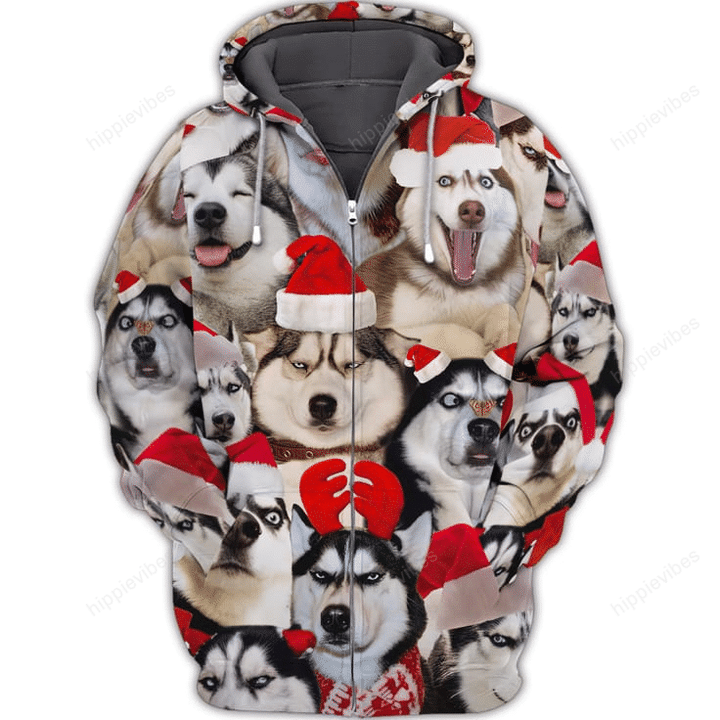 Husky Christmas 3D All Over Printed Zip Hoodie