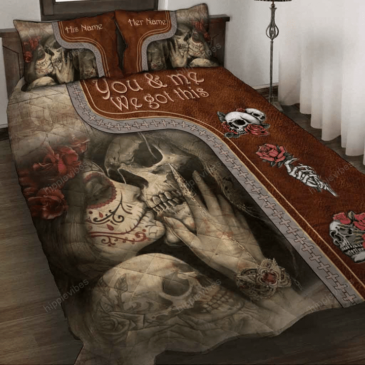 You & Me We Got This Personalized Skull Quilt Set With Leather Pattern Print