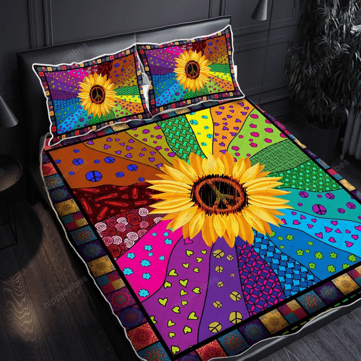 Hippie Peace Sign Sunflower Quilt Bed Set