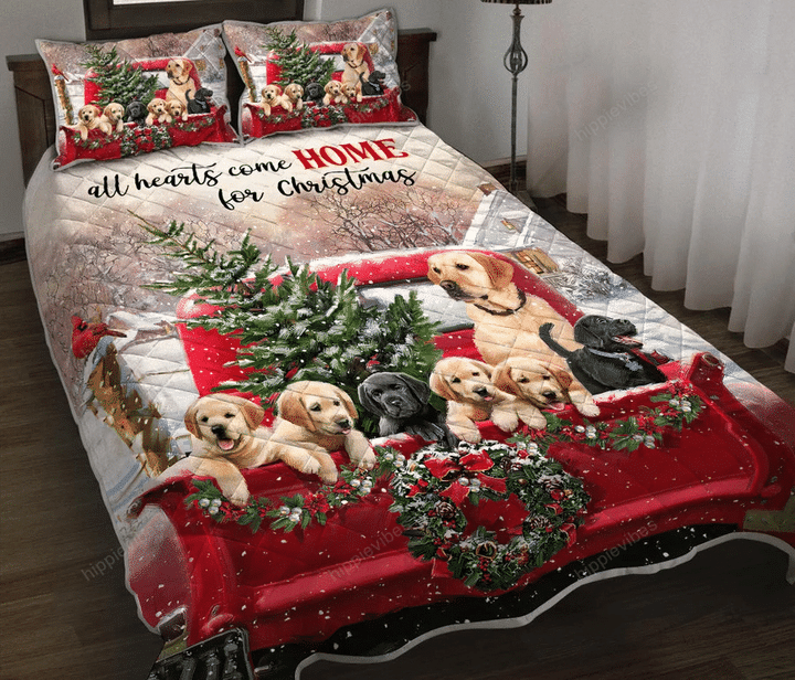 Labrador Red Truck Comes Home For Christmas Quilt Bed Set