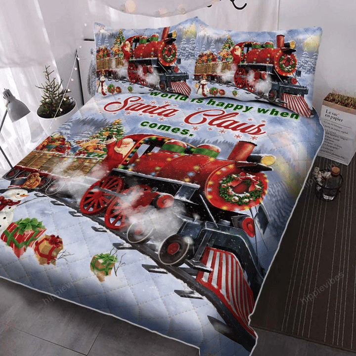 Christmas Quilt Bed Set, All the world is happy when Santa Claus comes, Santa Train