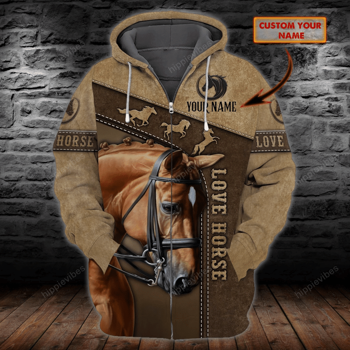 Brown Horse v2 Love Horse Personalized Name 3D Zipper Hoodie