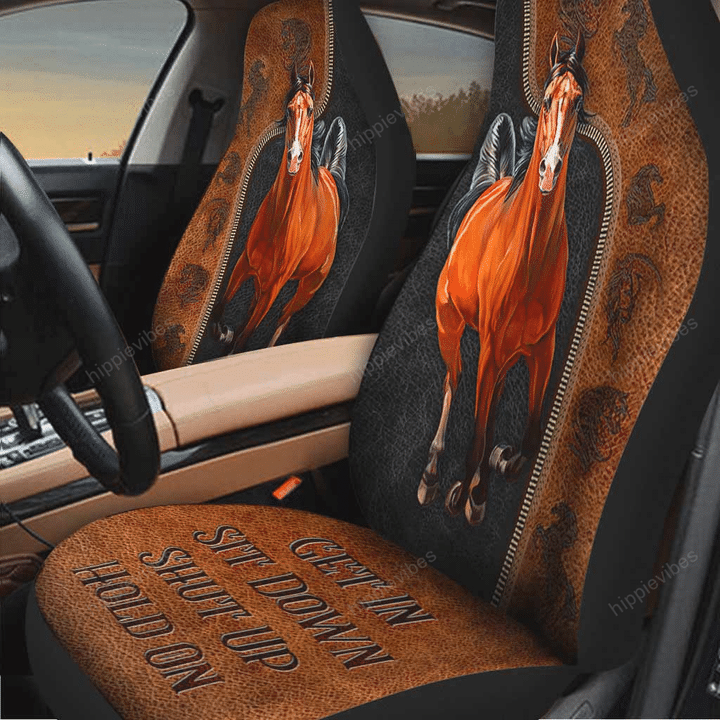 Get In Sit Down Shut Up Hold On - Horse Seat Covers v3 With Leather Pattern Print