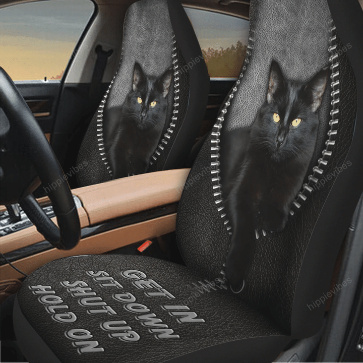 Get In Sit Down Shut Up Hold On - Black Cat Seat Covers With Leather Pattern Print