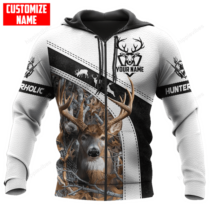 Deer Hunting White Version 3D All Over Printed Custom Zip Hoodie