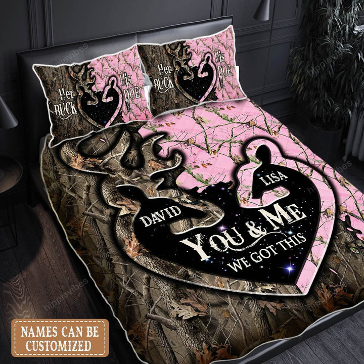 Deer Couple In Love For Husband And Wife Camo Personalized Quilt Bed Set