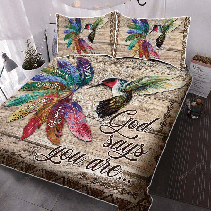 Hummingbird, Colorful Feathers, God Says You Are Quilt Bed Set