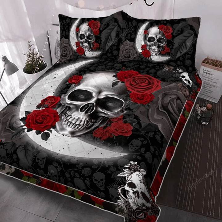 Skull Moon And Rose Quilt Bed Set