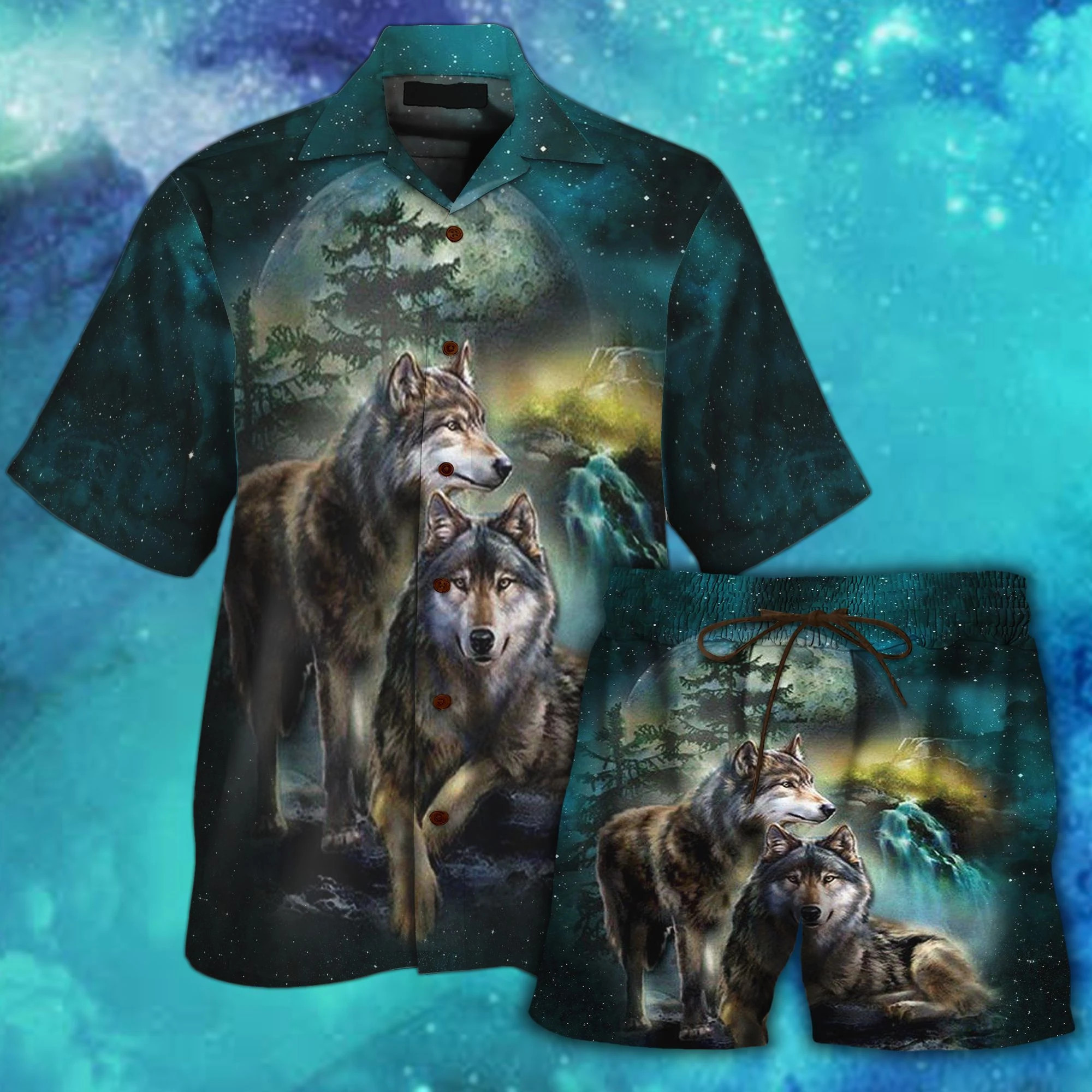 Wolf Beautiful Night Hawaiian Shirt Set  Unisex  HS1071 - 1