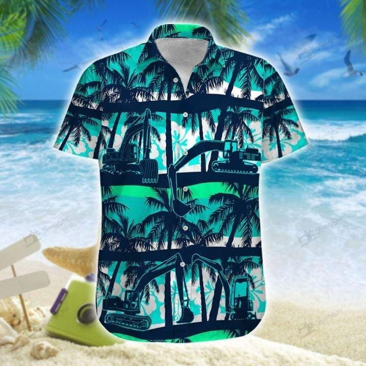 Excavator Green Coconut Beach Unisex Hawaiian Shirts - Beach Shorts - 1