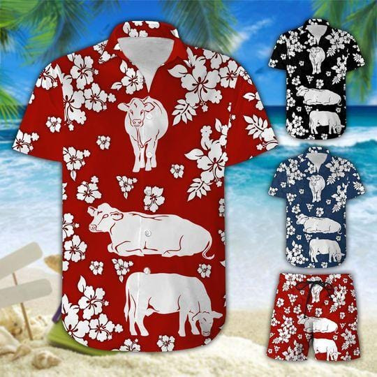 Simple Cattle Hibiscus Red Black Blue Unisex Hawaiian Shirts - Beach Shorts - 1