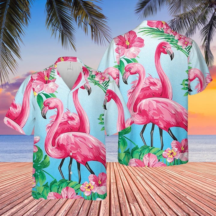 Couple Flamingo Tropical Pink Blue Unisex Hawaiian Shirts - 1