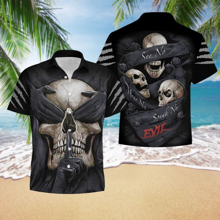 Three Wise Skulls See Hear Speak No Evil Gothic Hawaiian Aloha Shirts KV - 1