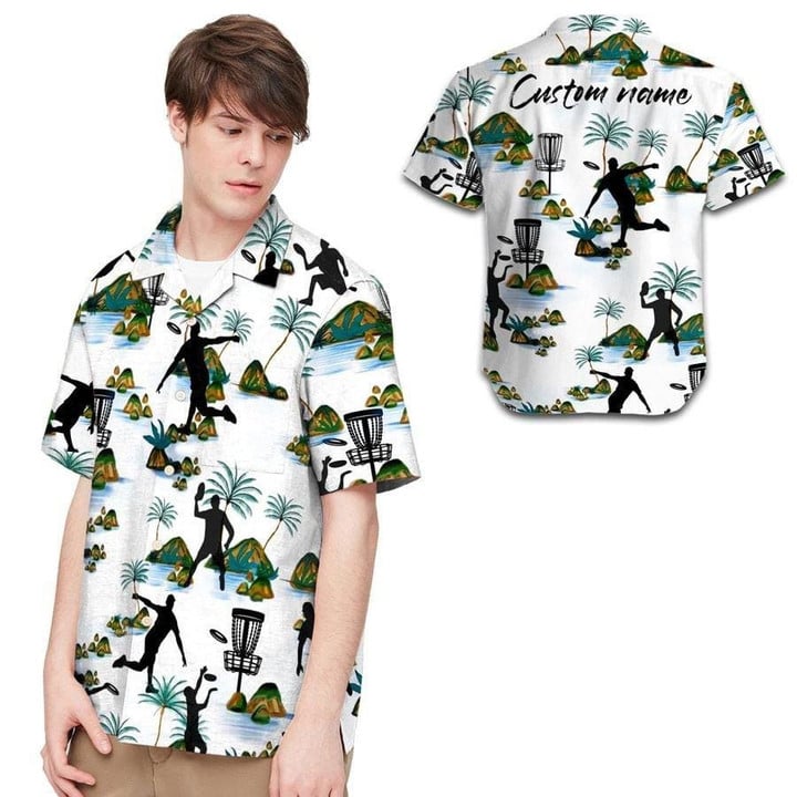 Hawaiian Aloha Shirts Disc Golf Tropical Coconut Tree Custom Name - 1
