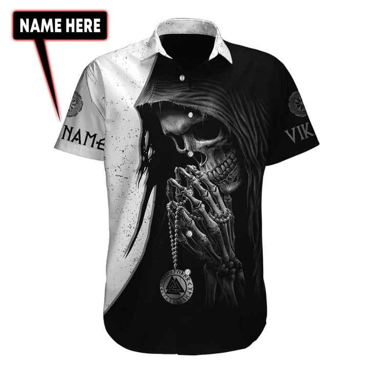 Custom Name Black White Viking Skull Unisex Hawaiian Shirts - 1