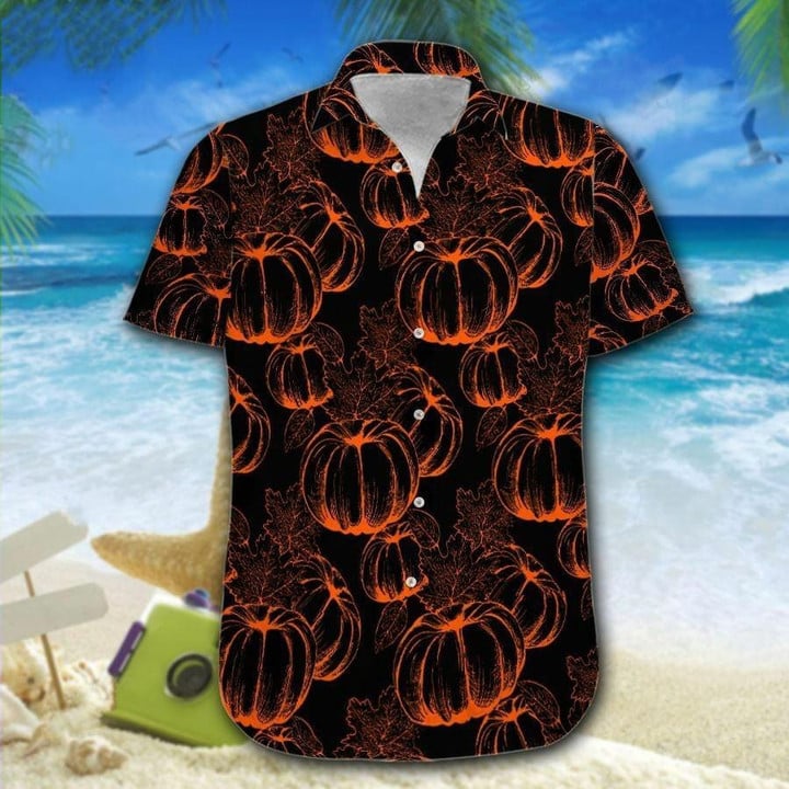Hawaiian Aloha Shirts Pumpkin Black For Halloween - 1