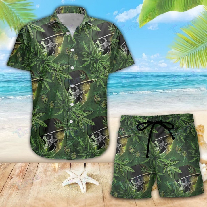 Stoner Skull Smoke Weed Hawaiian Shirts Swim Trunks Beach Shorts VI - 1