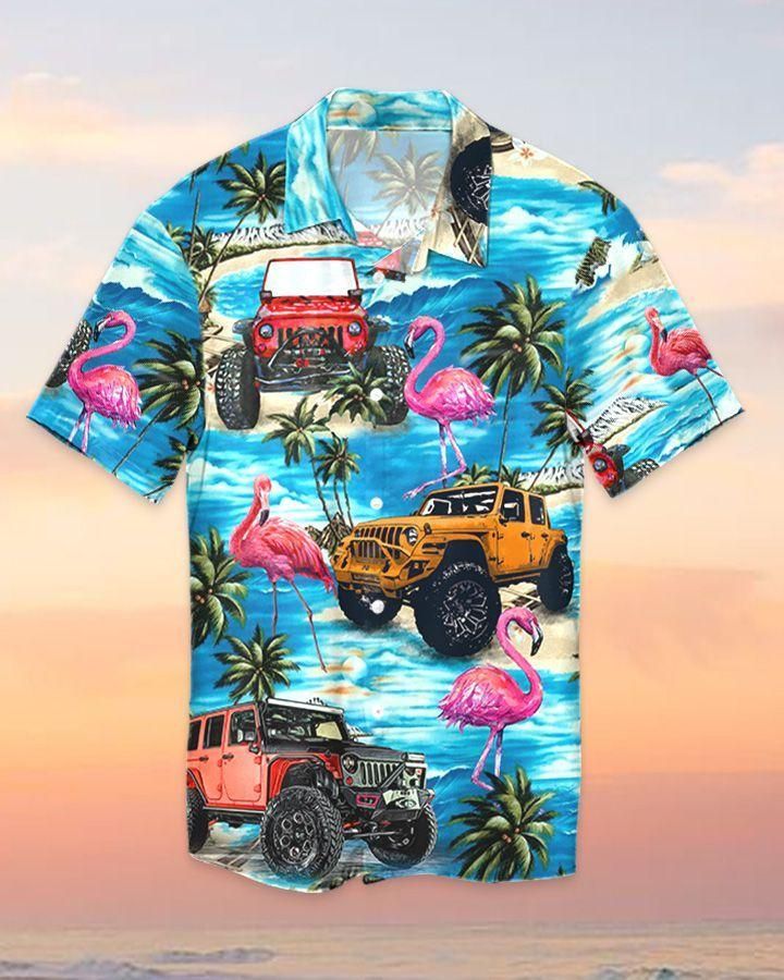 Aloha Jeep And Flamingo Blue Tropical Beach Unisex Hawaiian Shirts - 1