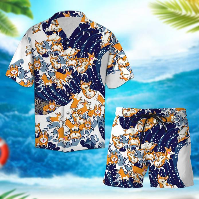 Corgi Waves Hawaiian Shirt Set  Unisex  HS1032 - 1
