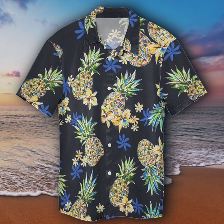 Pineapple Hawaiian Shirt Black Tropical Pineapple Hawaiian Button Up Shirt Apparel - 1