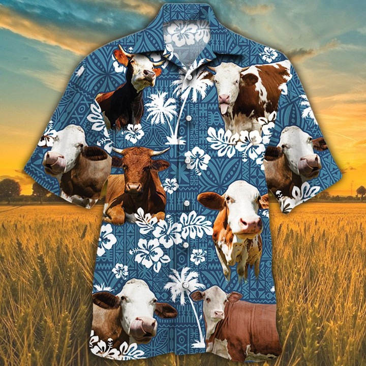 Simmental Cattle Lovers Blue Tribal Pattern Hawaiian Shirt - 1