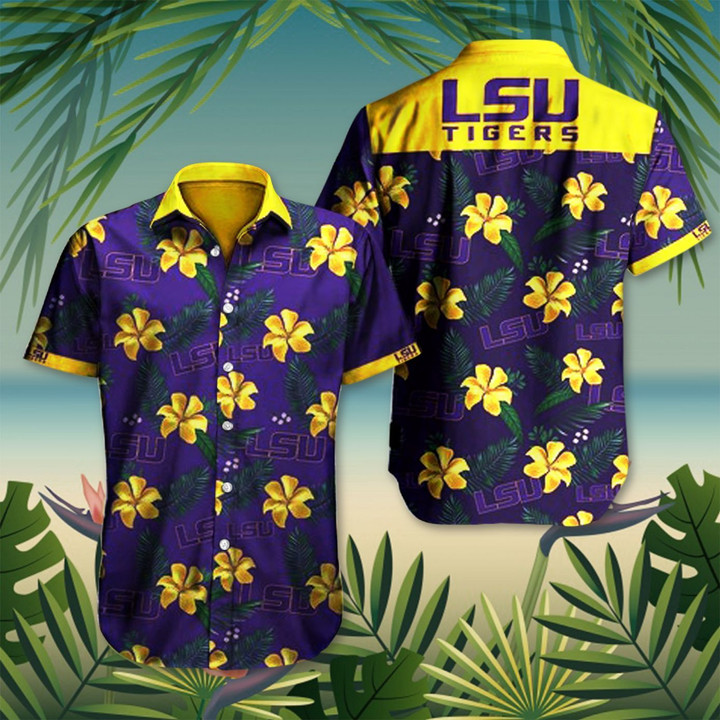 LSU Tigers Hibiscus Hawaiian Shirt Purple Hawaiian Shirt Football Lover Gift Ideas - 1