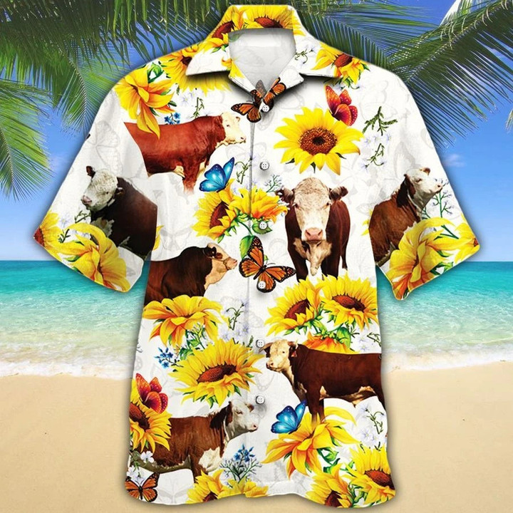Men Hereford cattle Hawaii Shirt White HEREFORD CATTLE LOVERS SUN FLOWER HAWAIIAN SHIRT HEREFORD CATTLE LOVERS HAWAIIAN SHIRT - 1
