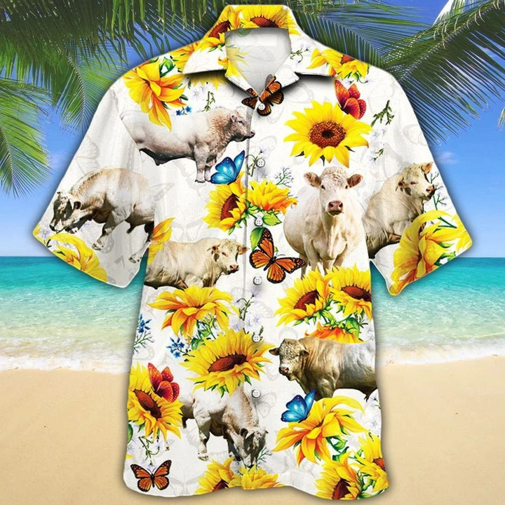 Men Charolais Cattle Hawaii Shirt White Charolais Cattle Lovers Sunflower Hawaiian Shirt Charolais Cattle Lovers HAWAIIAN SHIRT - 1