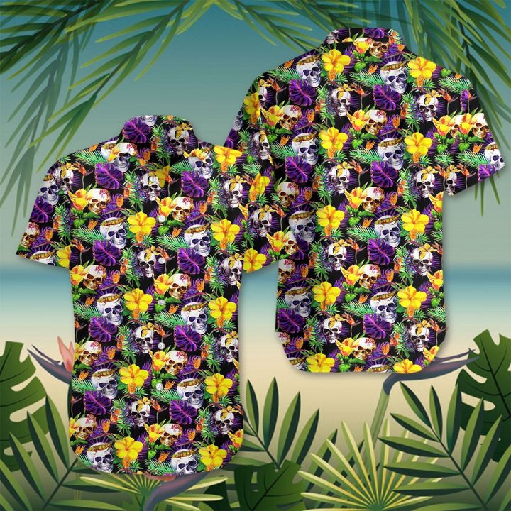 Tropical Purple Hibiscus Skull Hawaiian Shirt Beach Shirt For Women Summer Gift Ideas - 1