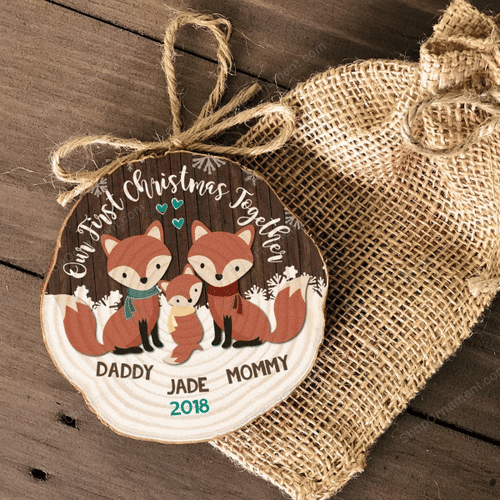 First Christmas as a family ornament daddy mommy baby woodland fox wood slice ornament -  family keepsake ornament mwo-032