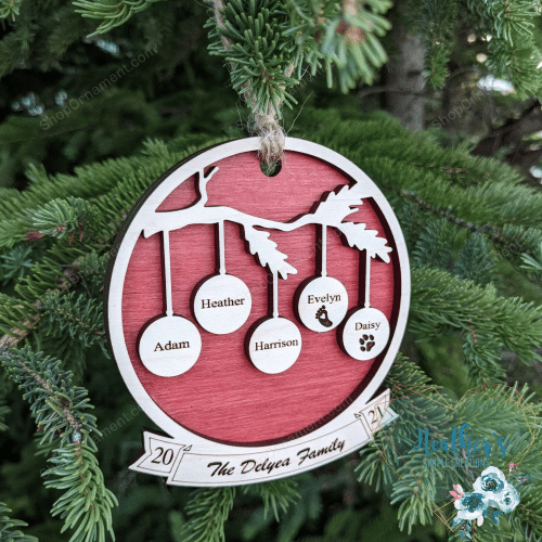 Christmas Ornament 2021 - 1-20 Family Members- Personalized - Laser Engraved- 1st Christmas- Grandparent Ornament - New Parents-Pets-Cat-Dog