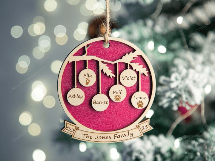 Personalized Christmas Ornament 2021,Family Ornament Set,Wood Xmas Ornament with  Family Member Names,Grandparent Ornament,Pets Cat/Dog Name