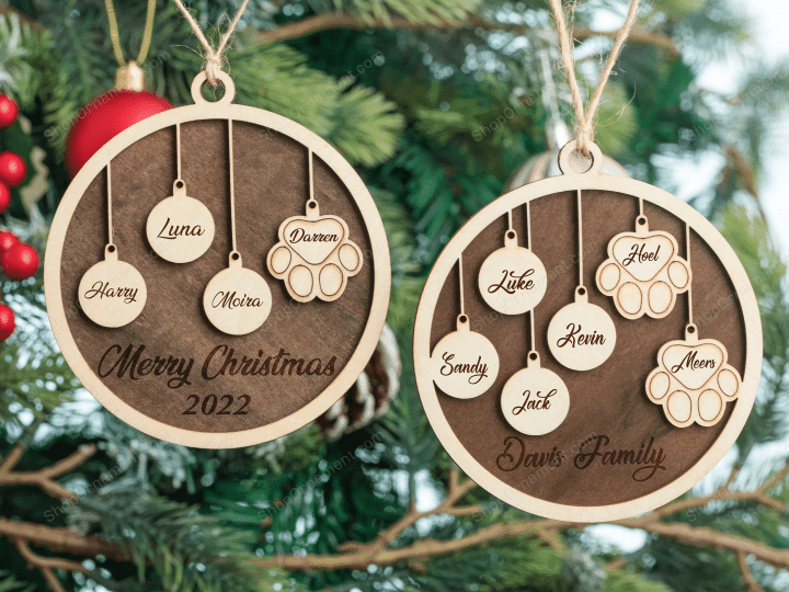 Personalized Family and Pet Ornament,Family Ornament Set,People and Paw Print combo,Christmas Ornament with Pet & People Name,Christmas Gift