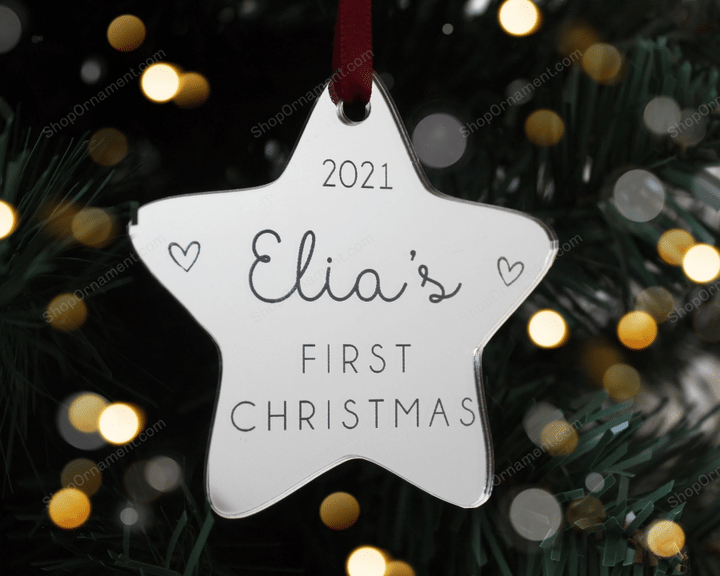 Personalised Engraved Baby&#39;s First Christmas Star Tree Ornament | Keepsake Christmas Bauble Gift Decoration | Engraved Baby&#39;s Name Plaque
