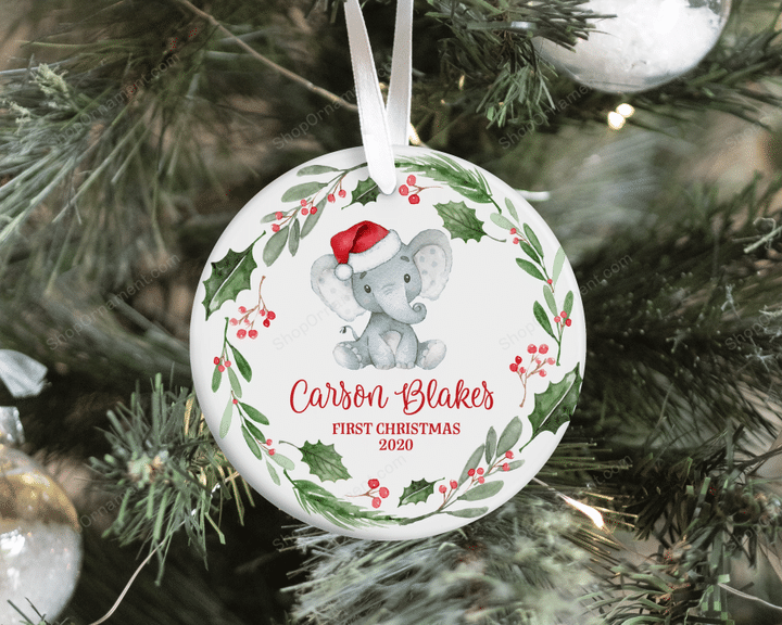 Elephant Baby First Christmas Ornament, Personalized Baby Christmas Ornament, Safari Animal Christmas, Holiday Baby Ornament