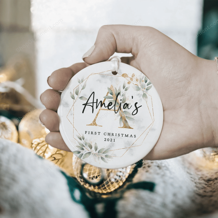 Personalised Baby First Christmas Decoration, Babys 1st Christmas Ornament, Gold Floral Initial Keepsake, First Christmas Bauble