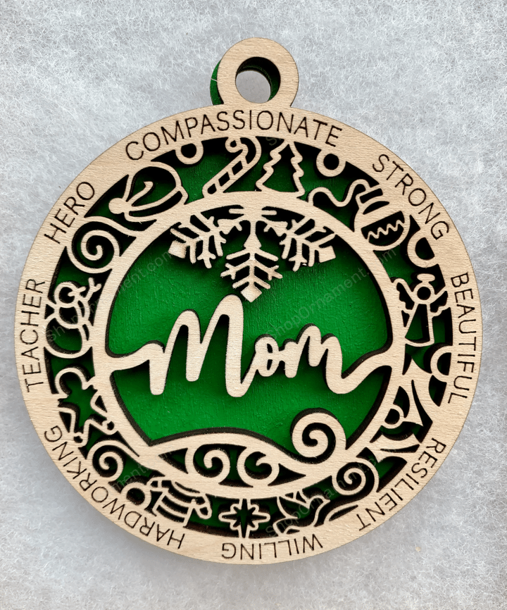 Mom Christmas Ornament | Laser Cut Wood | Mother | Mum | Gift for Mom | Gift Box | Strong | Beautiful | Gift for Her