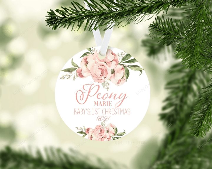 Peony Baby 1st Christmas Ornament, Personalized Baby First Christmas Ornament, Baby Girl Ornament, New Baby Gift, Holiday Baby Ornament