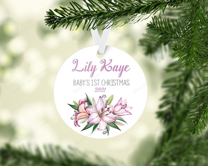 Lily Floral Baby 1st Christmas Ornament, Personalized Baby First Christmas Ornament, Baby Girl Ornament, Baby Gift, Holiday Ornament